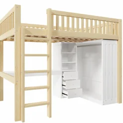 Lit mezzanine 140x200cm - bureau et armoire - 3 tiroirs - escalier - naturel (matelas non inclus)