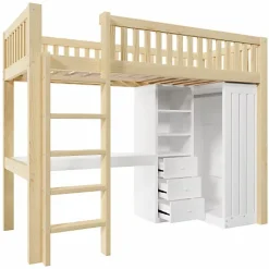 Lit mezzanine 90x200cm - bureau et armoire - 3 tiroirs - escalier - naturel (matelas non inclus)