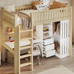 Lit mezzanine 90x200cm - bureau et armoire - 3 tiroirs - escalier - naturel (matelas non inclus)