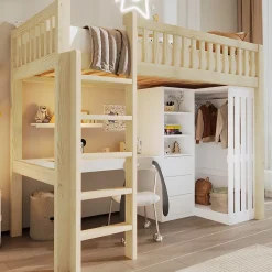 Lit mezzanine 90x200cm - bureau et armoire - 3 tiroirs - escalier - naturel (matelas non inclus)