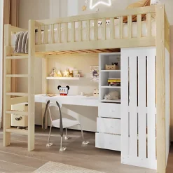 Lit mezzanine 90x200cm - bureau et armoire - 3 tiroirs - escalier - naturel (matelas non inclus)
