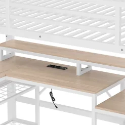 Lit mezzanine 140x200cm - escalier de sécurité - rambarde - LED - bureau - port USB - blanc (matelas non inclus)