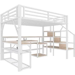 Lit mezzanine 140x200cm - escalier de sécurité - rambarde - LED - bureau - port USB - blanc (matelas non inclus)