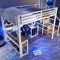 Lit mezzanine 140x200cm - escalier de sécurité - rambarde - LED - bureau - port USB - blanc (matelas non inclus)