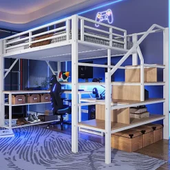 Lit mezzanine 140x200cm - escalier de sécurité - rambarde - LED - bureau - port USB - blanc (matelas non inclus)