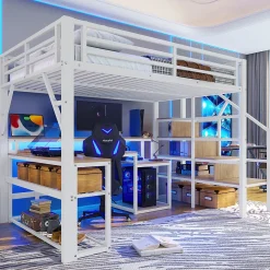 Lit mezzanine 140x200cm - escalier de sécurité - rambarde - LED - bureau - port USB - blanc (matelas non inclus)