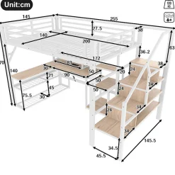 Lit mezzanine 140x200cm - escalier de sécurité - rambarde - LED - bureau - port USB - blanc (matelas non inclus)