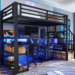 Lit mezzanine 90x200cm - escalier de sécurité - rambarde - LED - bureau - port USB - noir (matelas non inclus)