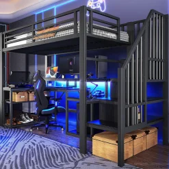 Lit mezzanine 90x200cm - escalier de sécurité - rambarde - LED - bureau - port USB - noir (matelas non inclus)