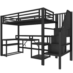 Lit mezzanine 90x200cm - escalier de sécurité - rambarde - LED - bureau - port USB - noir (matelas non inclus)