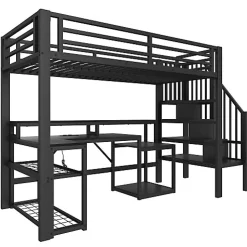 Lit mezzanine 90x200cm - escalier de sécurité - rambarde - LED - bureau - port USB - noir (matelas non inclus)