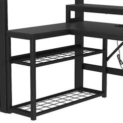 Lit mezzanine 90x200cm - escalier de sécurité - rambarde - LED - bureau - port USB - noir (matelas non inclus)