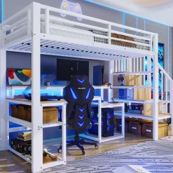 Lit mezzanine 90x200cm - escalier de sécurité - rambarde - LED - bureau - port USB - blanc (matelas non inclus)