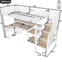 Lit mezzanine 90x200cm - escalier de sécurité - rambarde - LED - bureau - port USB - blanc (matelas non inclus)