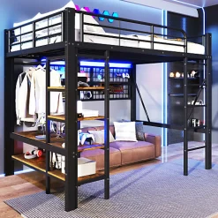 Lit mezzanine 140x200cm - structure en fer - rangements - éclairage LED - noir (matelas non inclus)