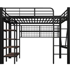 Lit mezzanine 140x200cm - structure en fer - rangements - éclairage LED - noir (matelas non inclus)