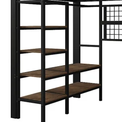 Lit mezzanine 140x200cm - structure en fer - rangements - éclairage LED - noir (matelas non inclus)