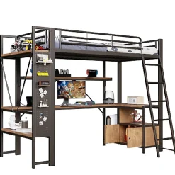 Lit mezzanine 90x200cm - structure en fer - bureau avec étagère - LED - port USB - noir (matelas non inclus)