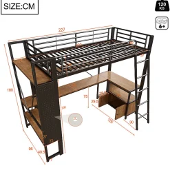 Lit mezzanine 90x200cm - structure en fer - bureau avec étagère - LED - port USB - noir (matelas non inclus)