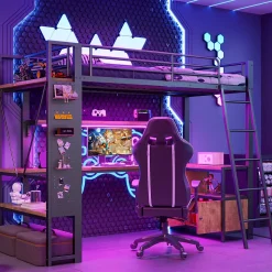 Lit mezzanine 90x200cm - structure en fer - bureau avec étagère - LED - port USB - noir (matelas non inclus)