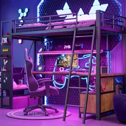 Lit mezzanine 90x200cm - structure en fer - bureau avec étagère - LED - port USB - noir (matelas non inclus)