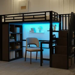 Lit mezzanine 90x200cm - structure en fer - bureau - rangements - LED - escalier - noir (matelas non inclus)