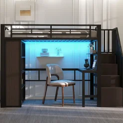 Lit mezzanine 90x200cm - structure en fer - bureau - rangements - LED - escalier - noir (matelas non inclus)