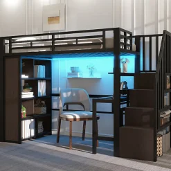 Lit mezzanine 90x200cm - structure en fer - bureau - rangements - LED - escalier - noir (matelas non inclus)