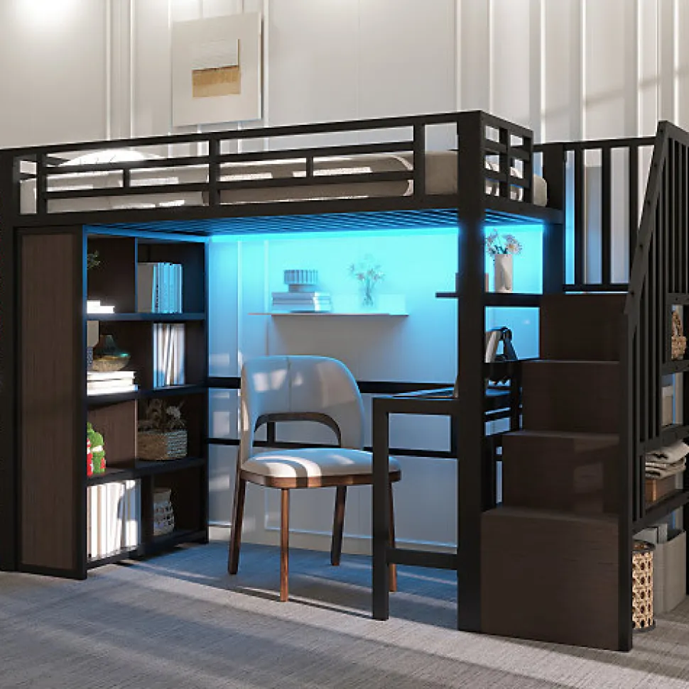 Lit mezzanine 90x200cm - structure en fer - bureau - rangements - LED - escalier - noir (matelas non inclus)