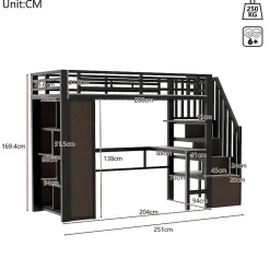 Lit mezzanine 90x200cm - structure en fer - bureau - rangements - LED - escalier - noir (matelas non inclus)