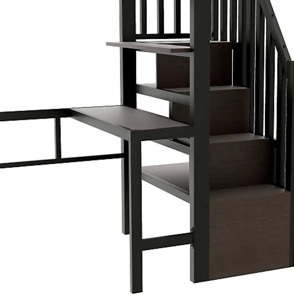 Lit mezzanine 90x200cm - structure en fer - bureau - rangements - LED - escalier - noir (matelas non inclus)