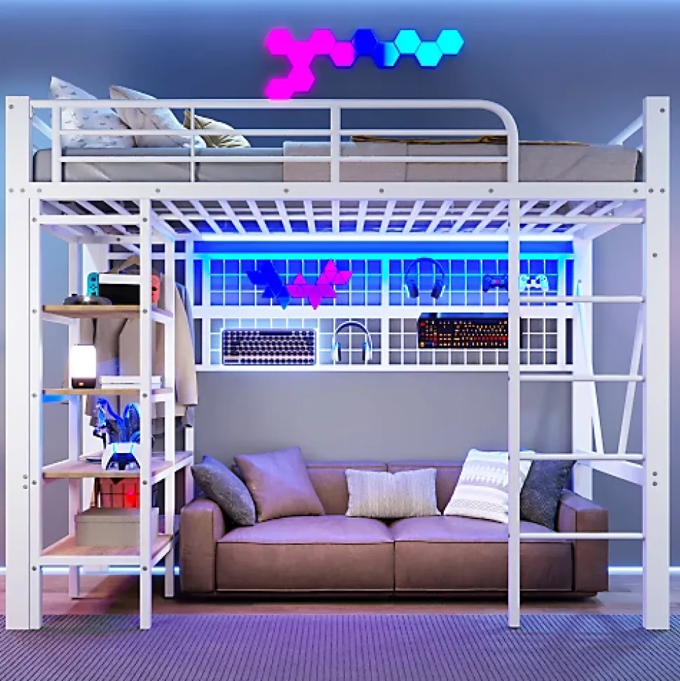 Lit mezzanine 90x200cm - structure en fer - rangements - éclairage LED - blanc (matelas non inclus)