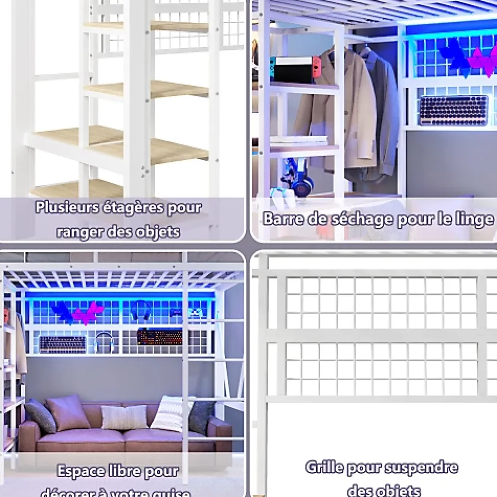 Lit mezzanine 90x200cm - structure en fer - rangements - éclairage LED - blanc (matelas non inclus)
