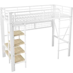Lit mezzanine 90x200cm - structure en fer - rangements - éclairage LED - blanc (matelas non inclus)
