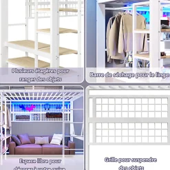 Lit mezzanine 140x200cm - structure en fer - rangements - éclairage LED - blanc (matelas non inclus)