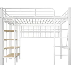 Lit mezzanine 140x200cm - structure en fer - rangements - éclairage LED - blanc (matelas non inclus)