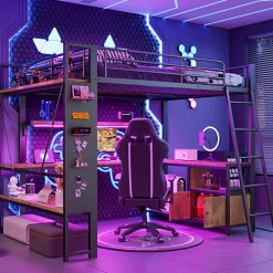 Lit mezzanine 140x200cm - structure en fer - bureau avec étagère - LED - port USB - noir (matelas non inclus)