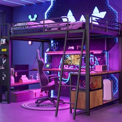 Lit mezzanine 140x200cm - structure en fer - bureau avec étagère - LED - port USB - noir (matelas non inclus)