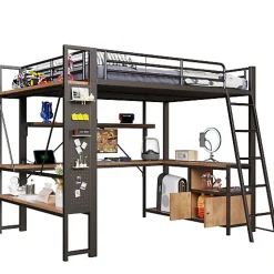 Lit mezzanine 140x200cm - structure en fer - bureau avec étagère - LED - port USB - noir (matelas non inclus)