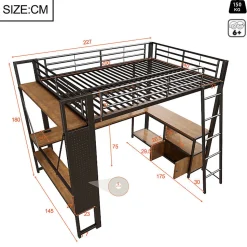 Lit mezzanine 140x200cm - structure en fer - bureau avec étagère - LED - port USB - noir (matelas non inclus)