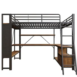 Lit mezzanine 140x200cm - structure en fer - bureau avec étagère - LED - port USB - noir (matelas non inclus)