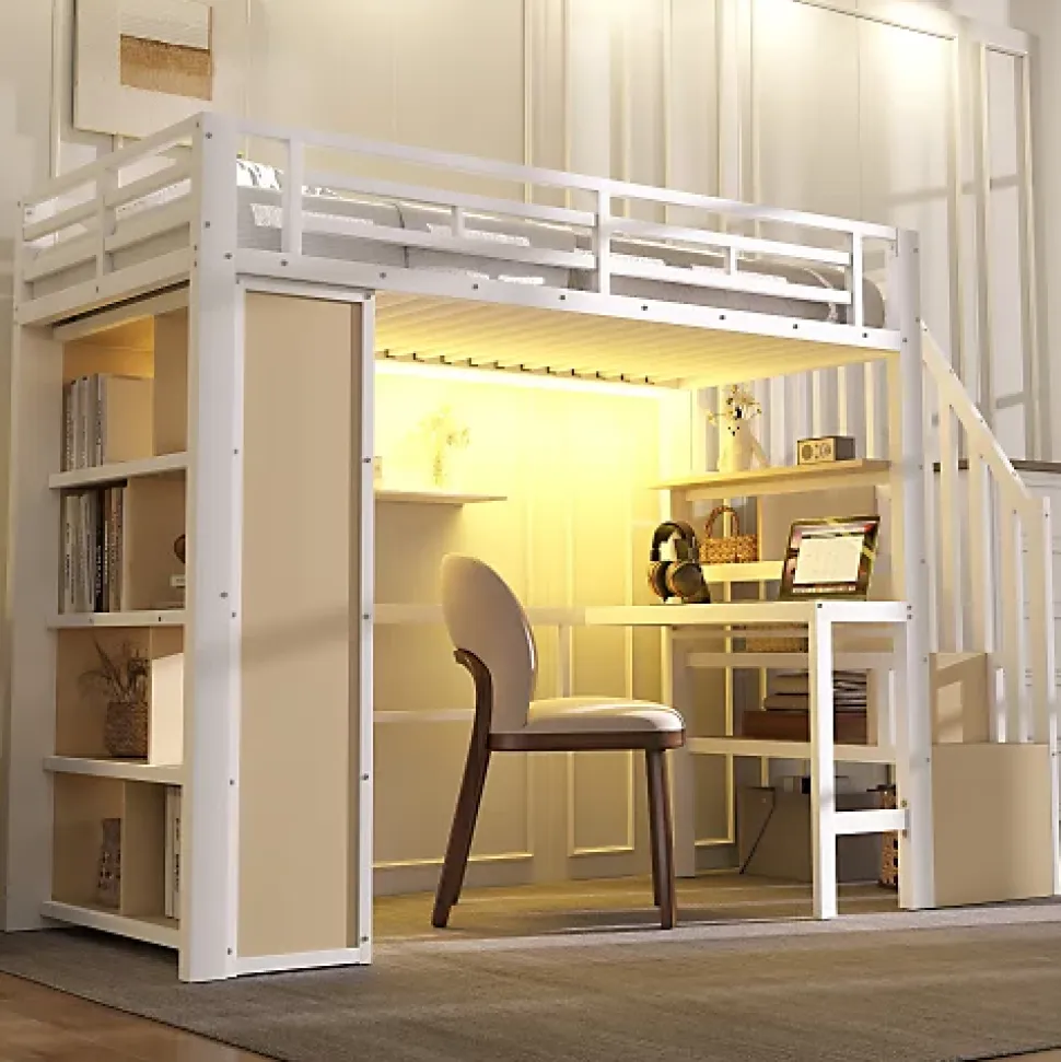 Lit mezzanine 90x200cm - structure en fer - bureau - rangements - LED - escalier - blanc (matelas non inclus)