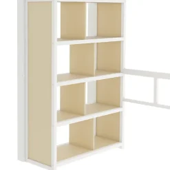 Lit mezzanine 90x200cm - structure en fer - bureau - rangements - LED - escalier - blanc (matelas non inclus)