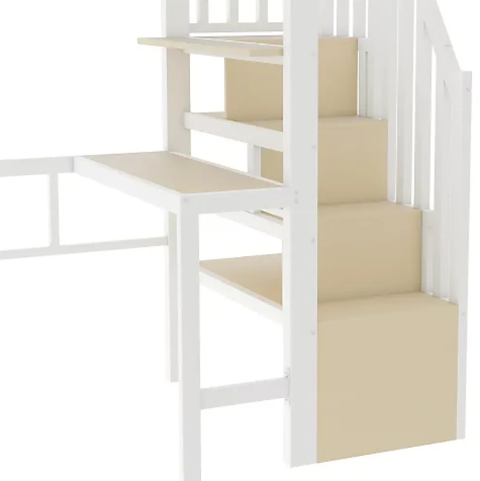 Lit mezzanine 90x200cm - structure en fer - bureau - rangements - LED - escalier - blanc (matelas non inclus)