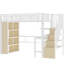 Lit mezzanine 90x200cm - structure en fer - bureau - rangements - LED - escalier - blanc (matelas non inclus)