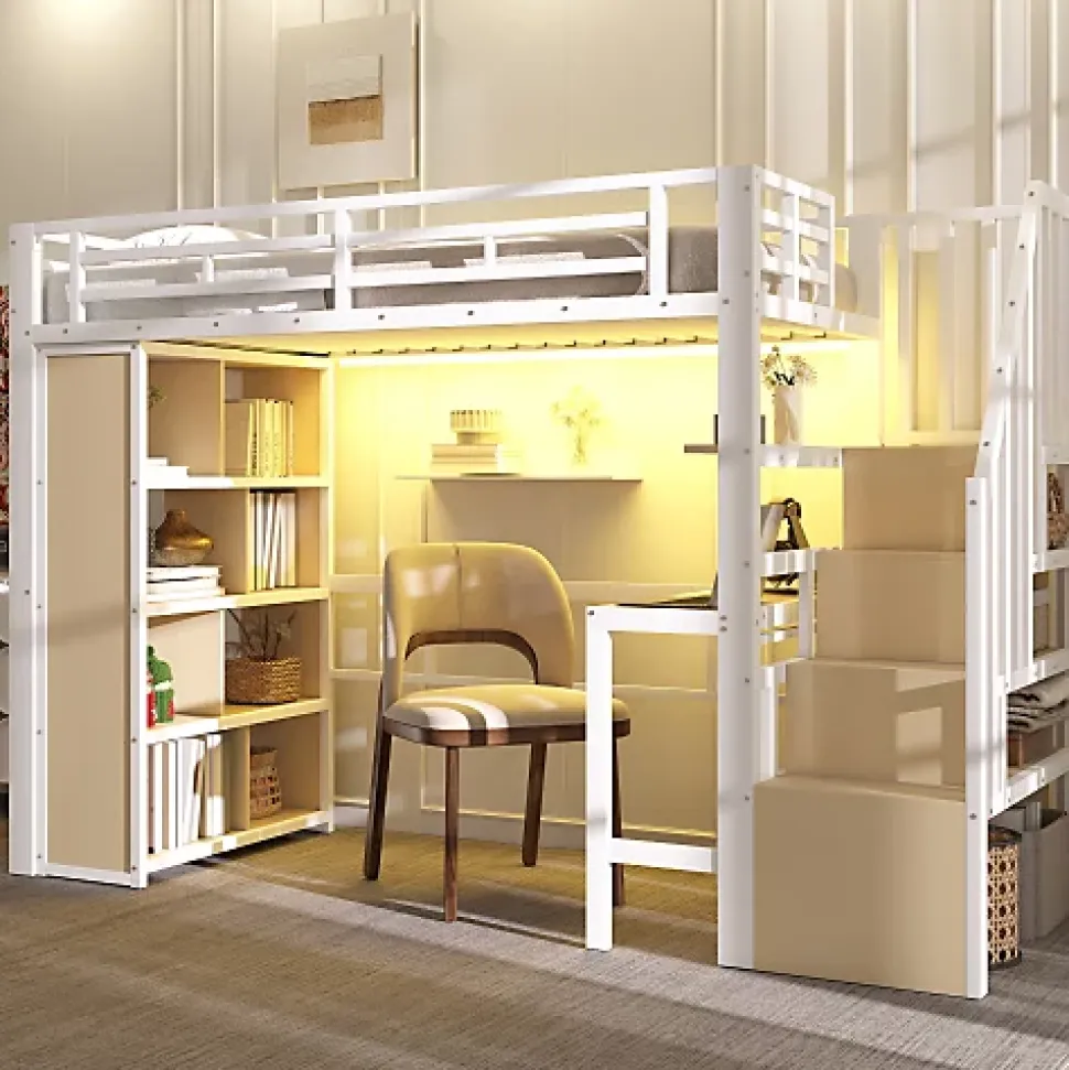 Lit mezzanine 90x200cm - structure en fer - bureau - rangements - LED - escalier - blanc (matelas non inclus)