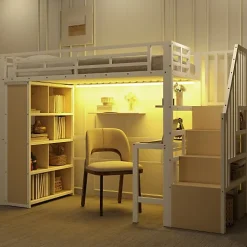 Lit mezzanine 90x200cm - structure en fer - bureau - rangements - LED - escalier - blanc (matelas non inclus)