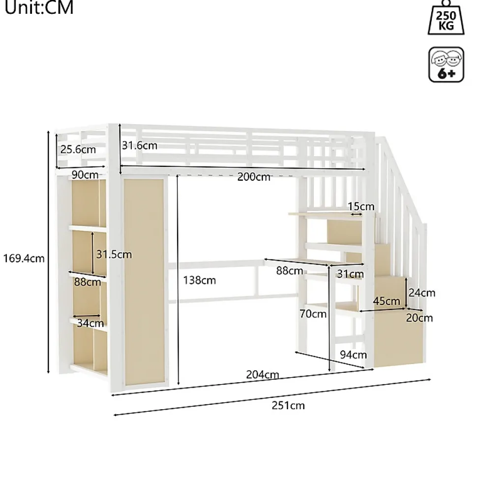 Lit mezzanine 90x200cm - structure en fer - bureau - rangements - LED - escalier - blanc (matelas non inclus)