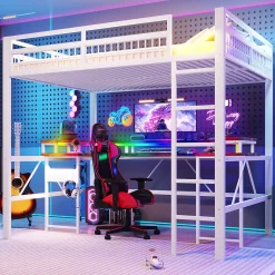 Lit mezzanine 140x200cm - structure en fer - bureau intégré - LED - USB et prise - blanc (matelas non inclus)