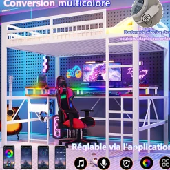 Lit mezzanine 140x200cm - structure en fer - bureau intégré - LED - USB et prise - blanc (matelas non inclus)